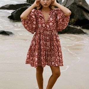 Daughters of India Kyra Mini Dress Saffron Red White 100% Cotton Size XS